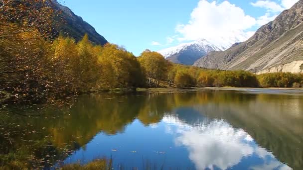 Un hermoso lago con árboles amarillos en la playa y picos nevados en la distancia — Vídeos de Stock