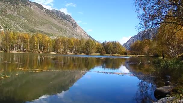 Krásné jezero s žluté stromy na pláži a zasněženými vrcholy v dálce — Stock video
