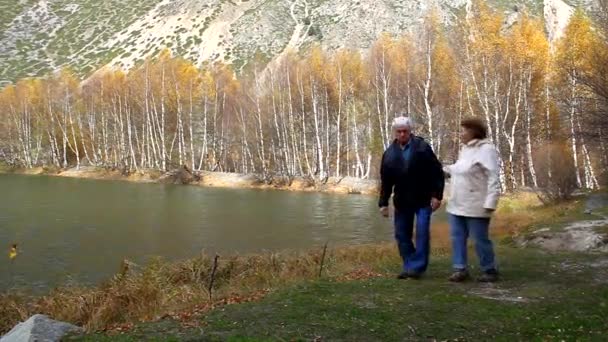 Feliz casal de idosos caminhando ao longo da costa do lago, sorrindo, falando — Vídeo de Stock