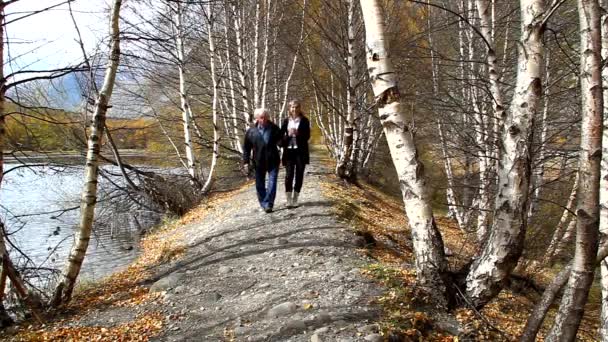 Heureux couple âgé marchant le long de la rive du lac, souriant, parlant — Video