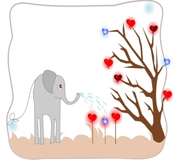 Cute elephant watering seedlings with hearts of love card — Stock Photo, Image