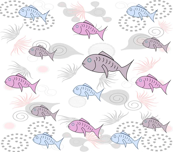 Veselé stylová pozadí s rybami, řasy na bílé poza — Stock fotografie