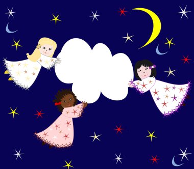 farklı ırkların bir bulut ile gökyüzünde uçan şirin kızlar