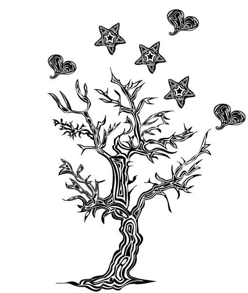 Copac cu inimi și stele pe un fundal alb în stil tatuaj — Fotografie, imagine de stoc
