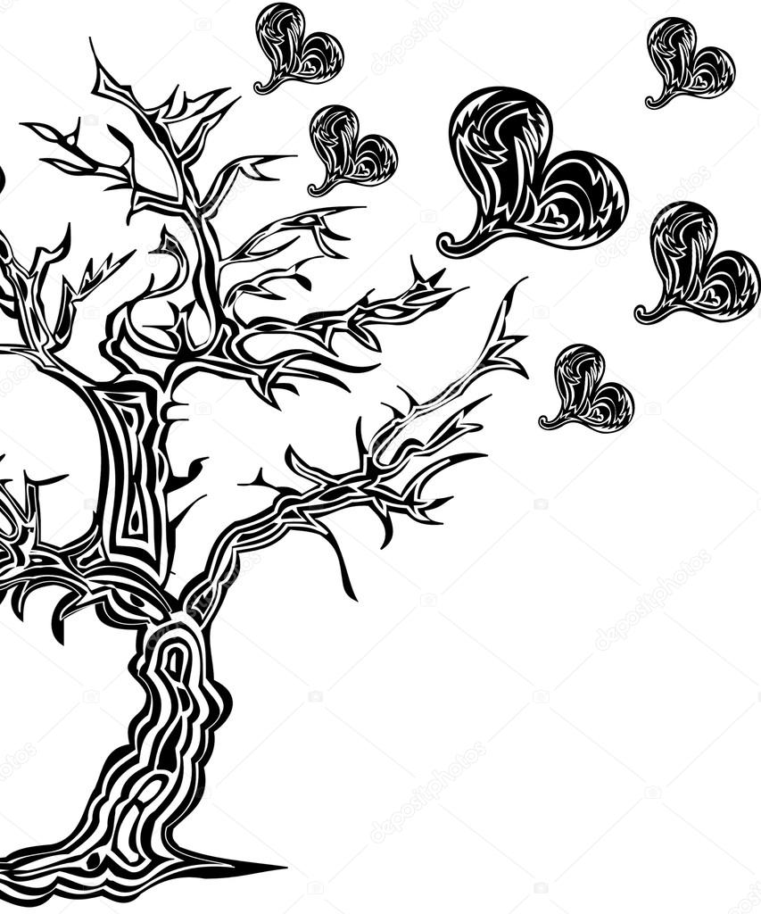 Tree with hearts on a white background in tattoo style