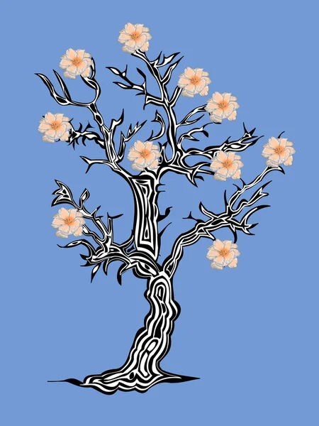 Árvore fantástica com flores em um fundo azul — Fotografia de Stock