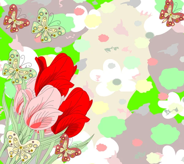 Mooi boeket van rode en roze tulpen en vlinders op een een — Stockfoto