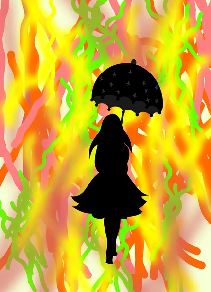 Silueta negra de una chica con paraguas en colo brillante abstracto — Foto de Stock
