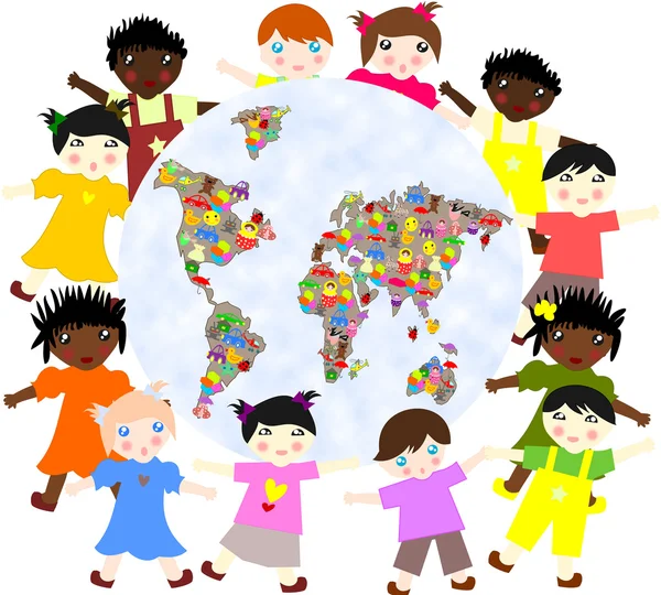 Children of different around races  planet with toys — Stock Photo, Image