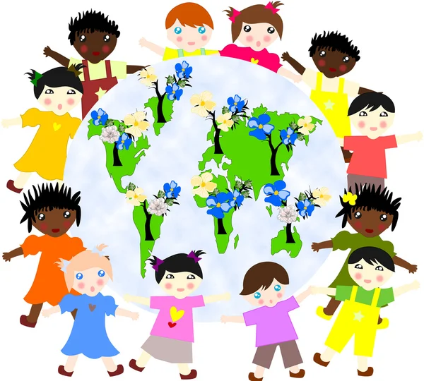 Children of different races around the map of our green planet w — Stock Photo, Image