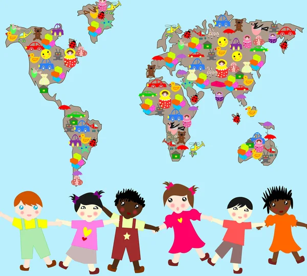 Dzieci różnych ras z zabawkami, zabawki planety planetę dla ch Obraz Stockowy