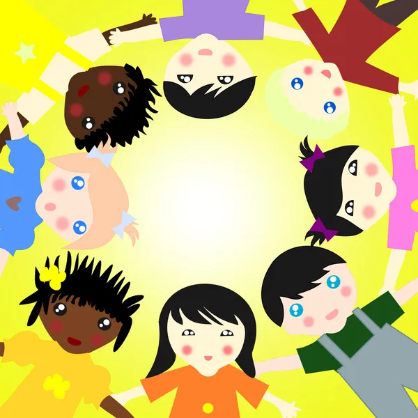 Copiii de diferite rase împreună într-un cerc pe spatele însorit — Fotografie, imagine de stoc