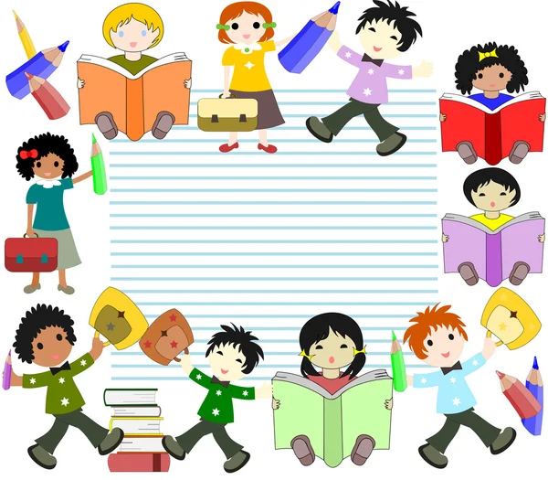 Crianças de raças diferentes ler livros e ir para a escola com um b — Fotografia de Stock