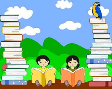 Asyalı çocuk kitap ve okuma gökyüzü b yığınları arasında oturmak