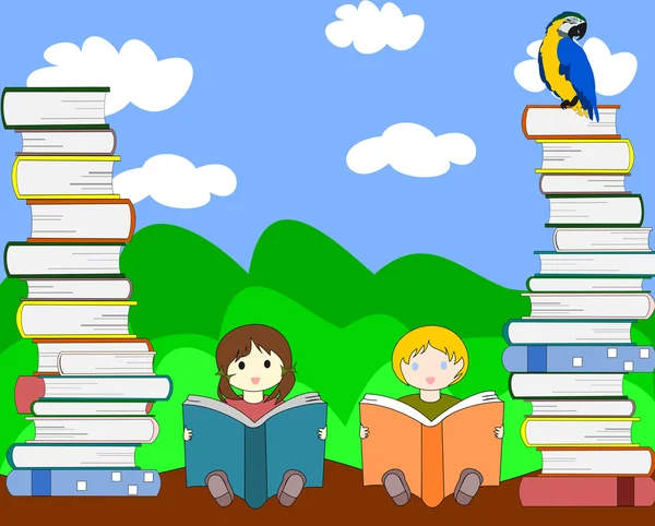 Dzieci w Europie siedzieć wśród sterty książek i czytania na sk — Zdjęcie stockowe