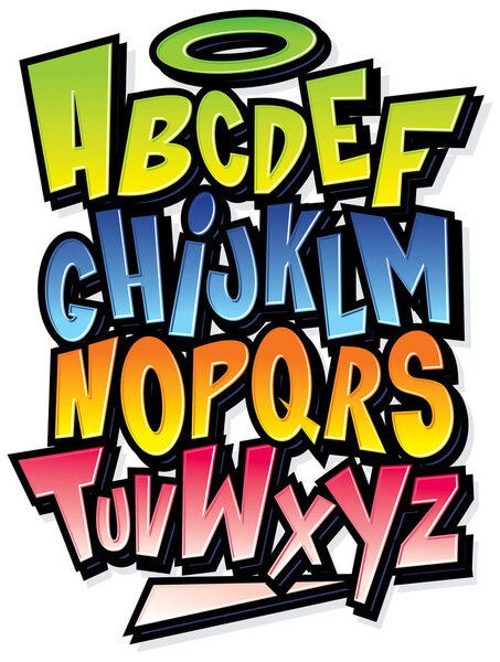 Funky colorful cartoon font type. Vector alphabet