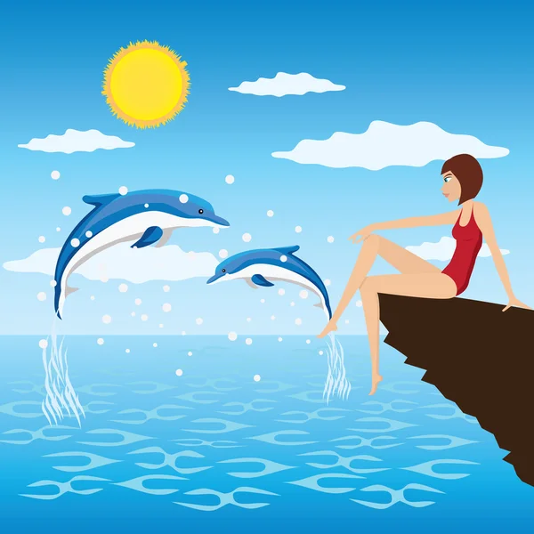 Chica y delfines . — Vector de stock