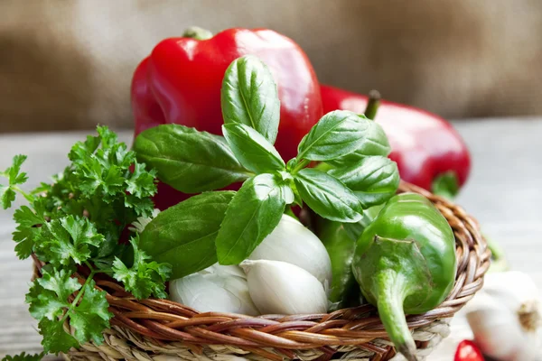 Basil with garlic and peppers — Stock Photo, Image