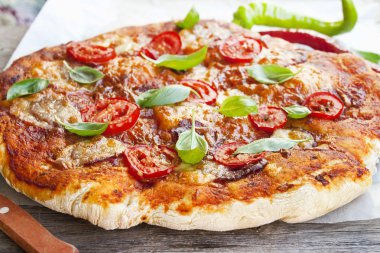 Salam ve fesleğen ev yapımı pizza