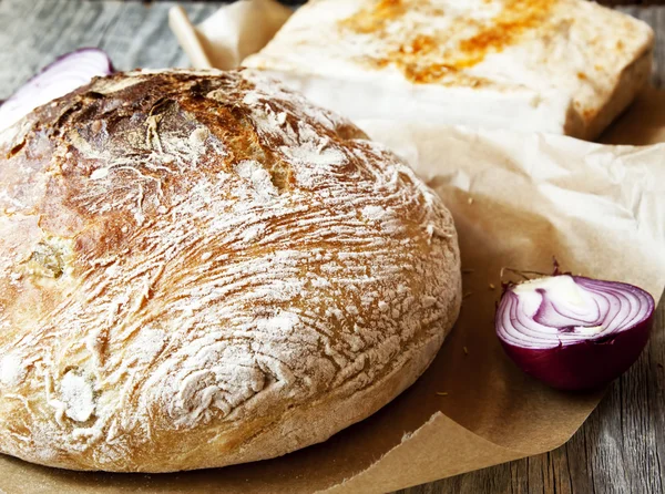 Baked Bread with Onion and Bacon — Stock Photo, Image