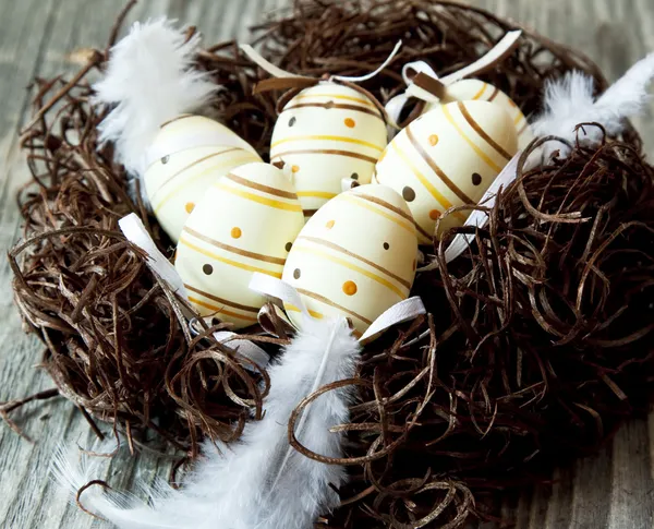 Velikonoční vejce s jemné peří v hnízdě — Stock fotografie