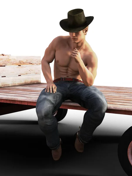 Cowboy Sem Camisa Pensativo Sentado Ilustração Luz Solar — Fotografia de Stock