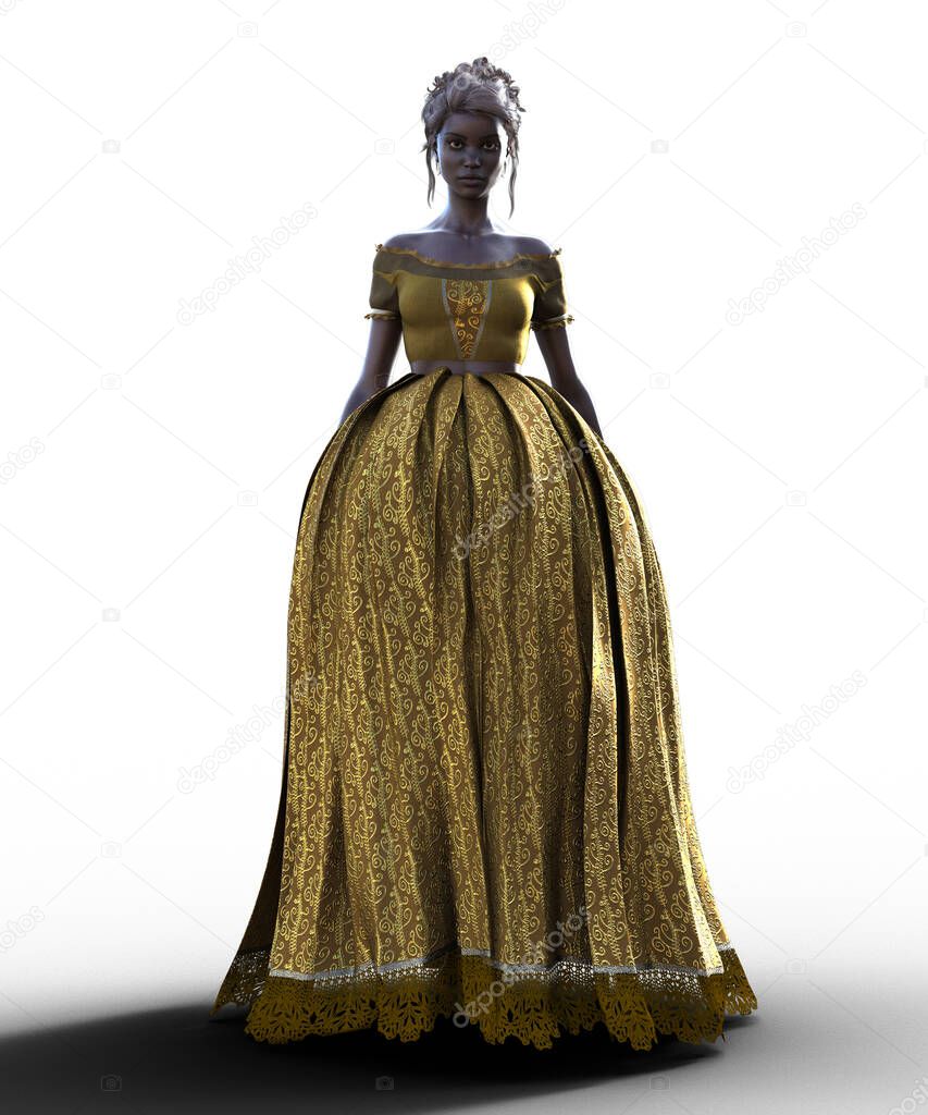 African woman wearing gold coloured ballgown illustration