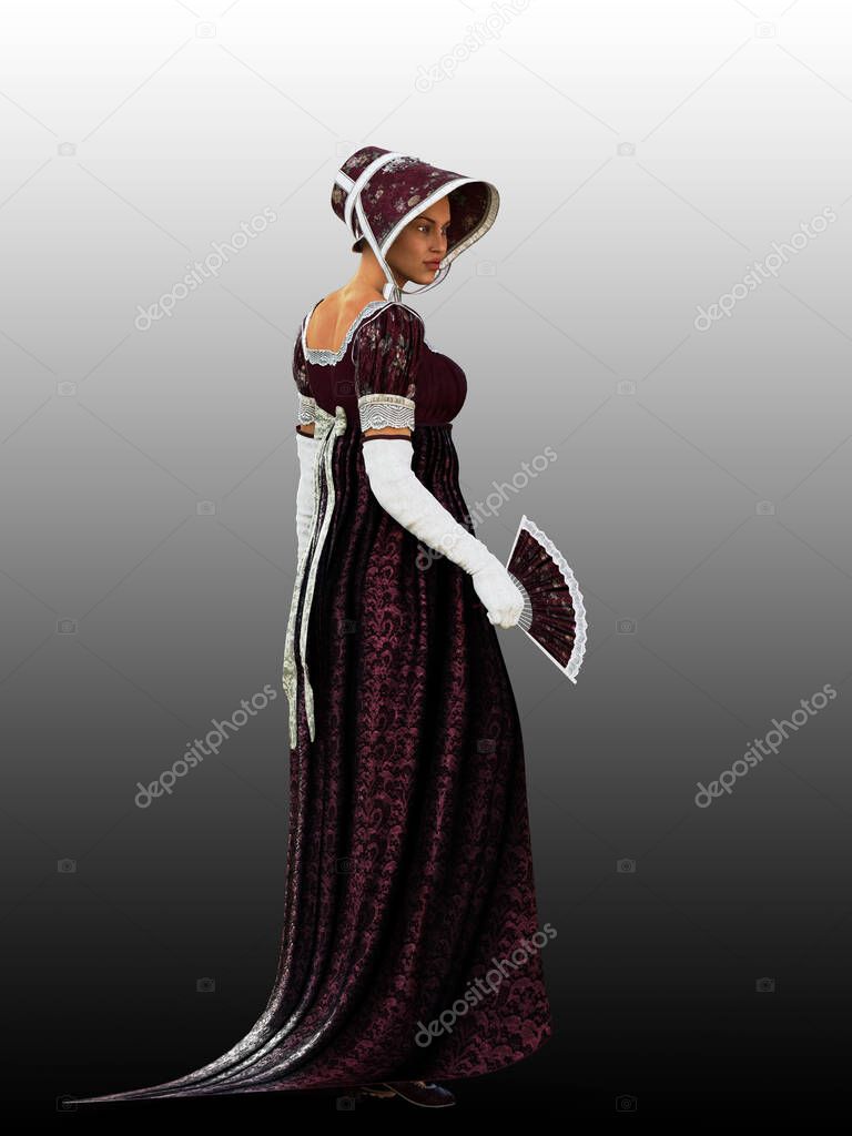 Regency woman standing looking over shoulder with fan and bonnet