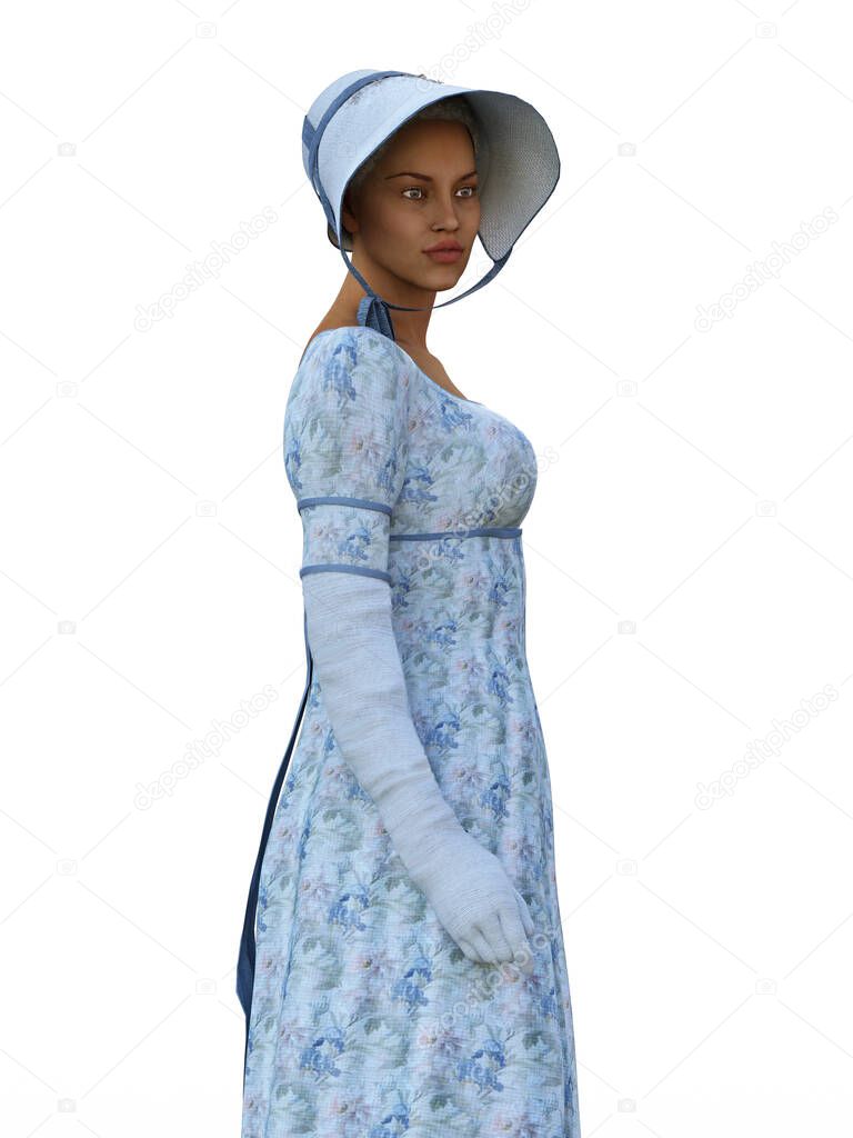 Side view of historic regency woman standing in dress and bonnet