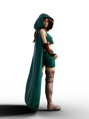 Side profile of fantasy thief woman in long green cloak clipart