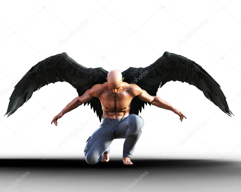 Feather winged man kneeling arms out to sides illustration