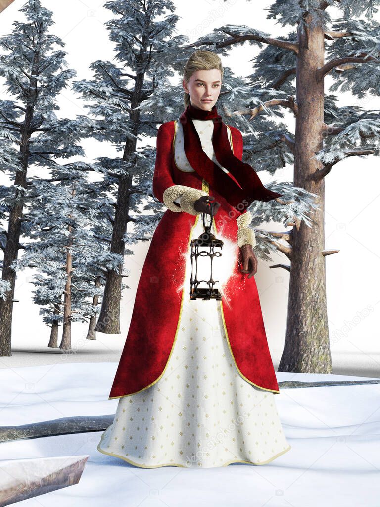Historical Winter Lady with lantern in forest render