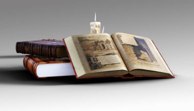 Eski kitaplar açılır ve mumlar resmedilir.