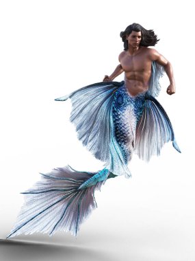 Yumrukları sıkılmış ve bükülmüş mavi kuyruklu deniz adamı.