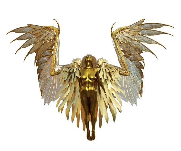 Χρυσό Φτερωτό Ανδροειδές Θηλυκό Άγγελος Μπροστινή Όψη — Φωτογραφία Αρχείου
