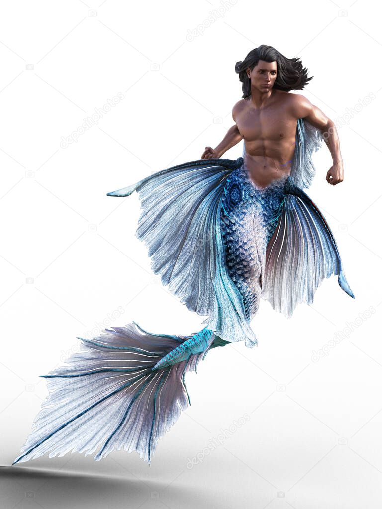 Merman with fists clenched and twisted blue tail iillustration