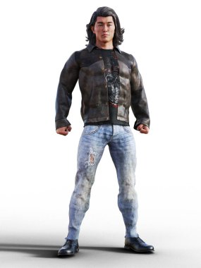 Çağdaş giysi illüstrasyonunda duran seksi, sıradan Asyalı adam.