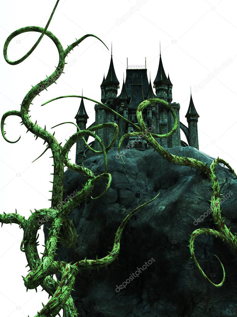 Green eerie castle with overgrown thorny vines illustration