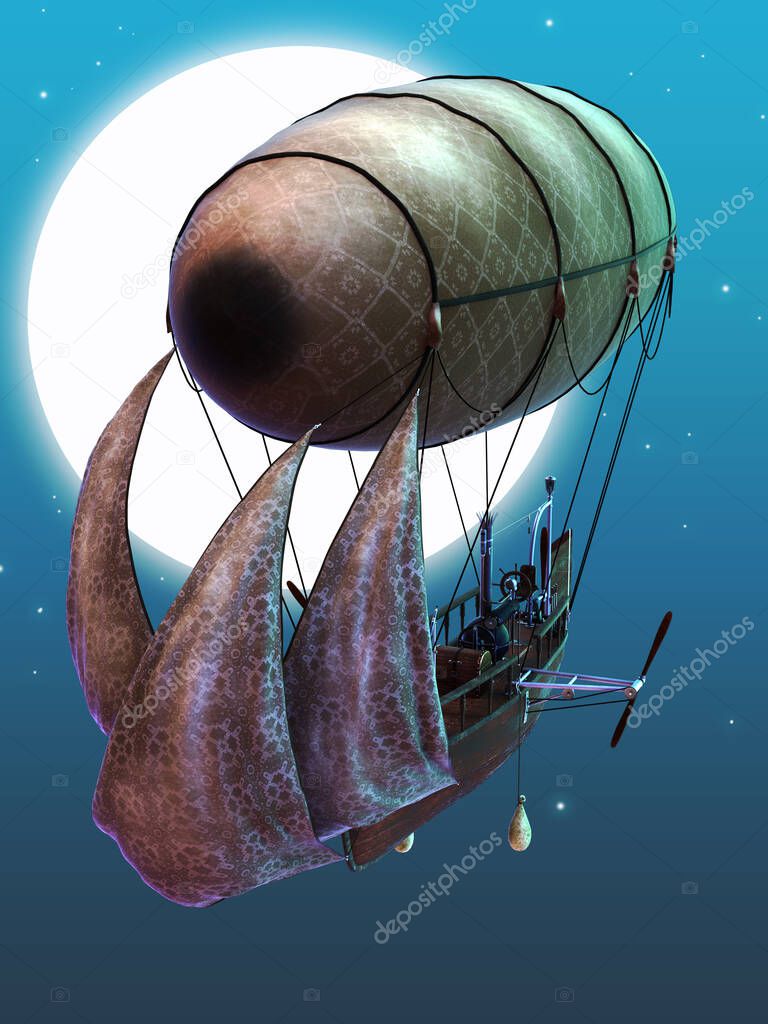 Steampunk Air ship with blue night sky and moon