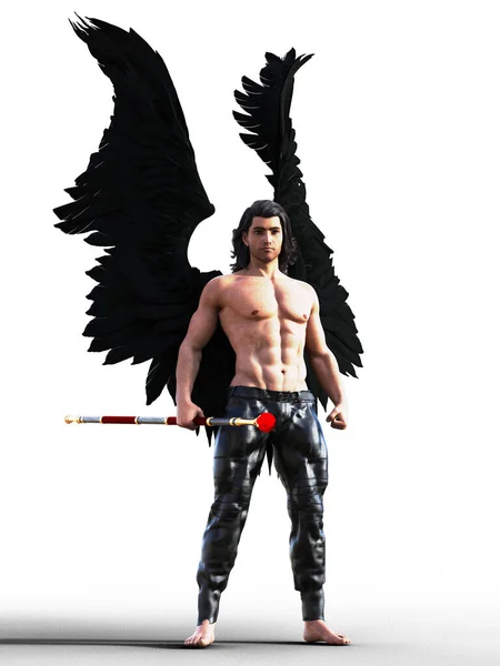 Handsome Shirtless Man Black Feathered Wings Illustration — стоковое фото