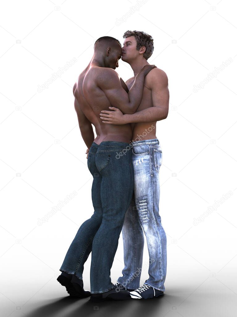 Interracial gay couple standing tender kiss on forehead illustration