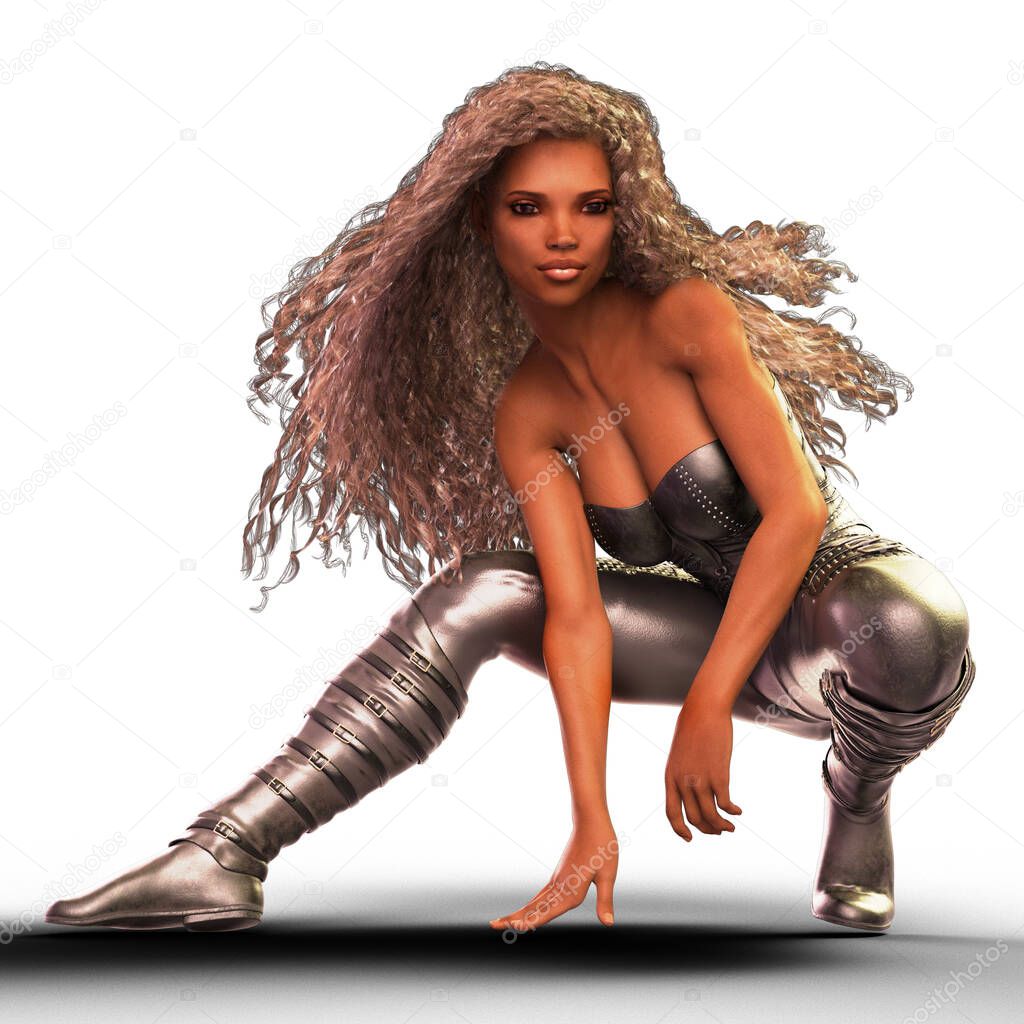 Beautiful long curly silver haired African woman kneeling illustration