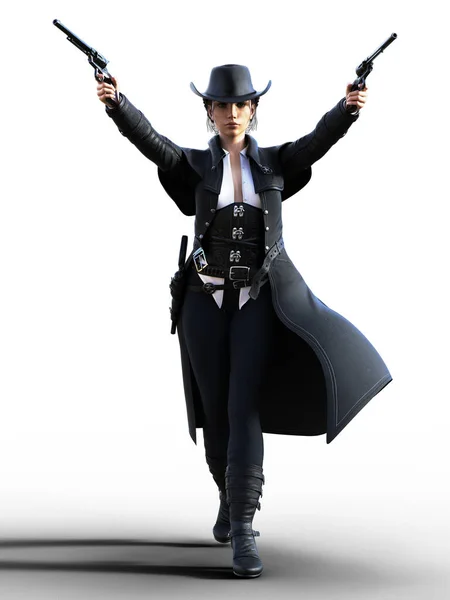 Western Woman Black Hat Leather Coat Holding Guns — Stock Photo, Image