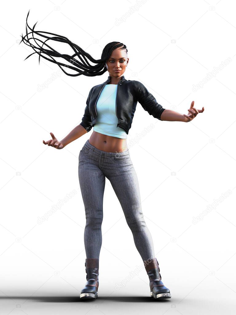 Magic user woman with long dreads blowing in wind