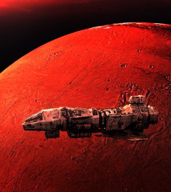 Kızıl Gezegen çiziminin yanından uçan karanlık gemi.