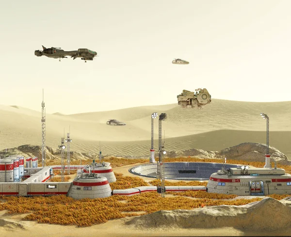 Sci Scen Med Futuristisk Bosättning Sandig Planet Illustration — Stockfoto