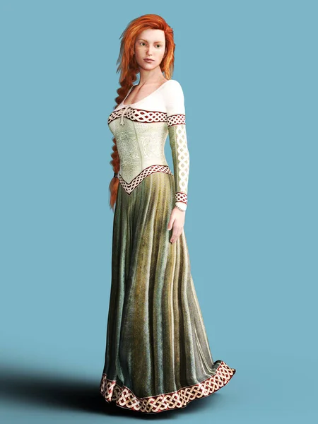 celtic woman standing in gown with long red braid illustration