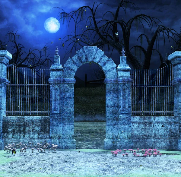 Puerta Por Noche Con Setas Lunares Luciérnagas Ilustración —  Fotos de Stock