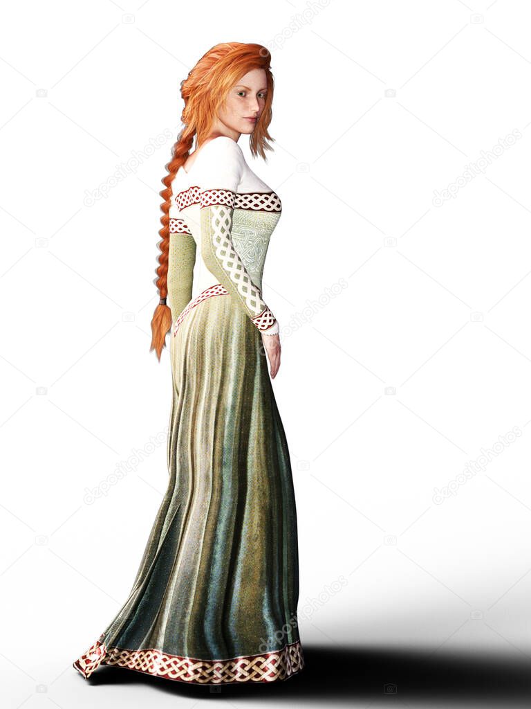 Celtic woman side view standing red hair long dress illustration