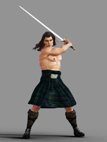 Homem Escocês Cabelos Compridos Com Espada Levantada Ilustração — Fotografia de Stock